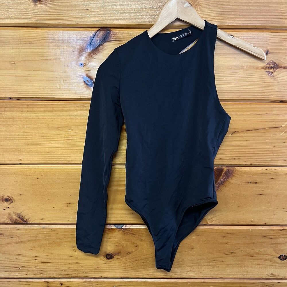 Zara Womens Black Polyester Blend Bodysuit One-Piece Size M Snap - Back Cut Out